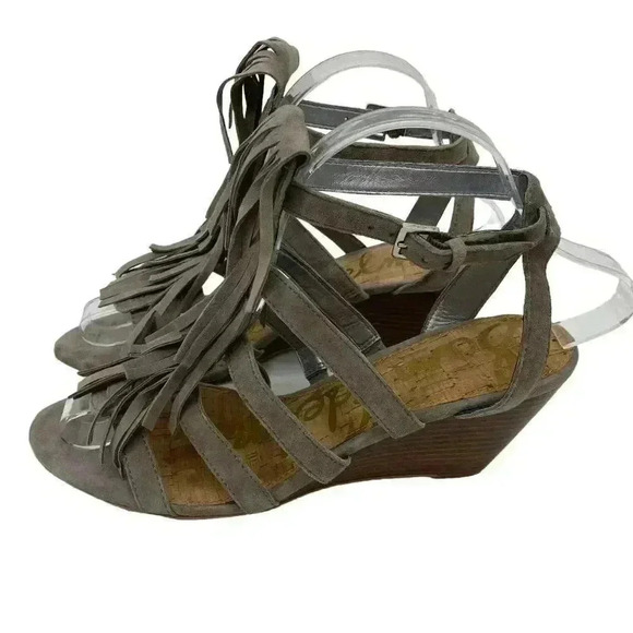Sam Edelman Size 7.5 Suede Leather Fringe Bohemian Strappy Wedge Sandal Shoes - Picture 3 of 7